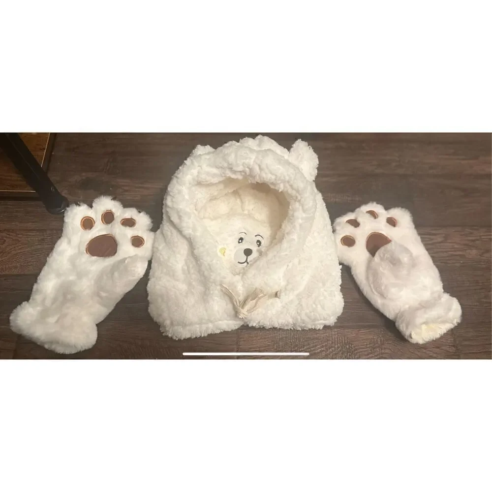 🔥Fluffy hooded,Hat and Glove set.Can be worn several ways, gloves have attachab